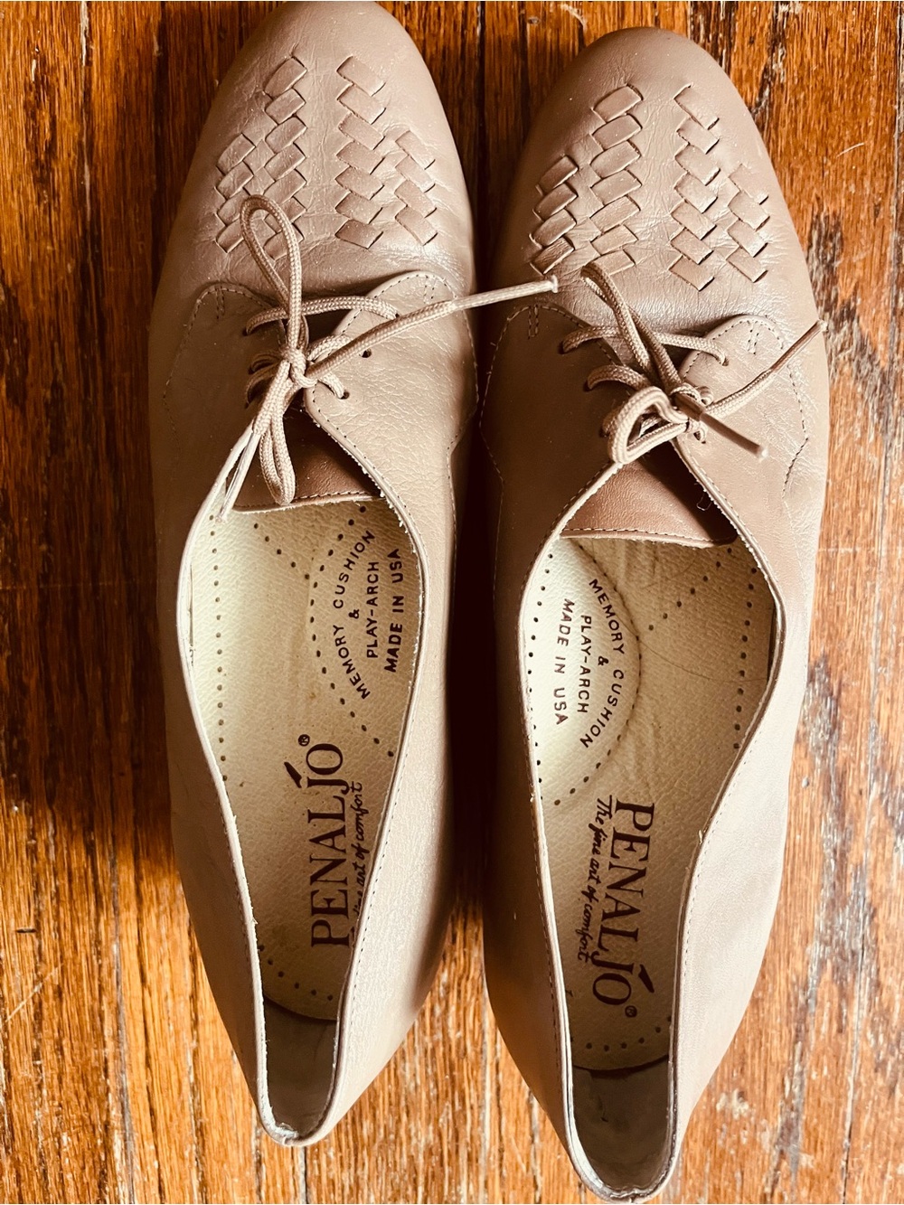 Penaljo Taupe Leather Lace-Up Flats with Woven Toe Detail